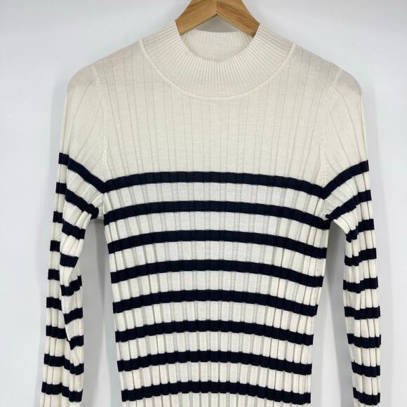 Sezane | Katrina Dress Knit Ribbed Ecru Navy Cream Striped Knit Sweater Dress XL - Picture 7 of 12